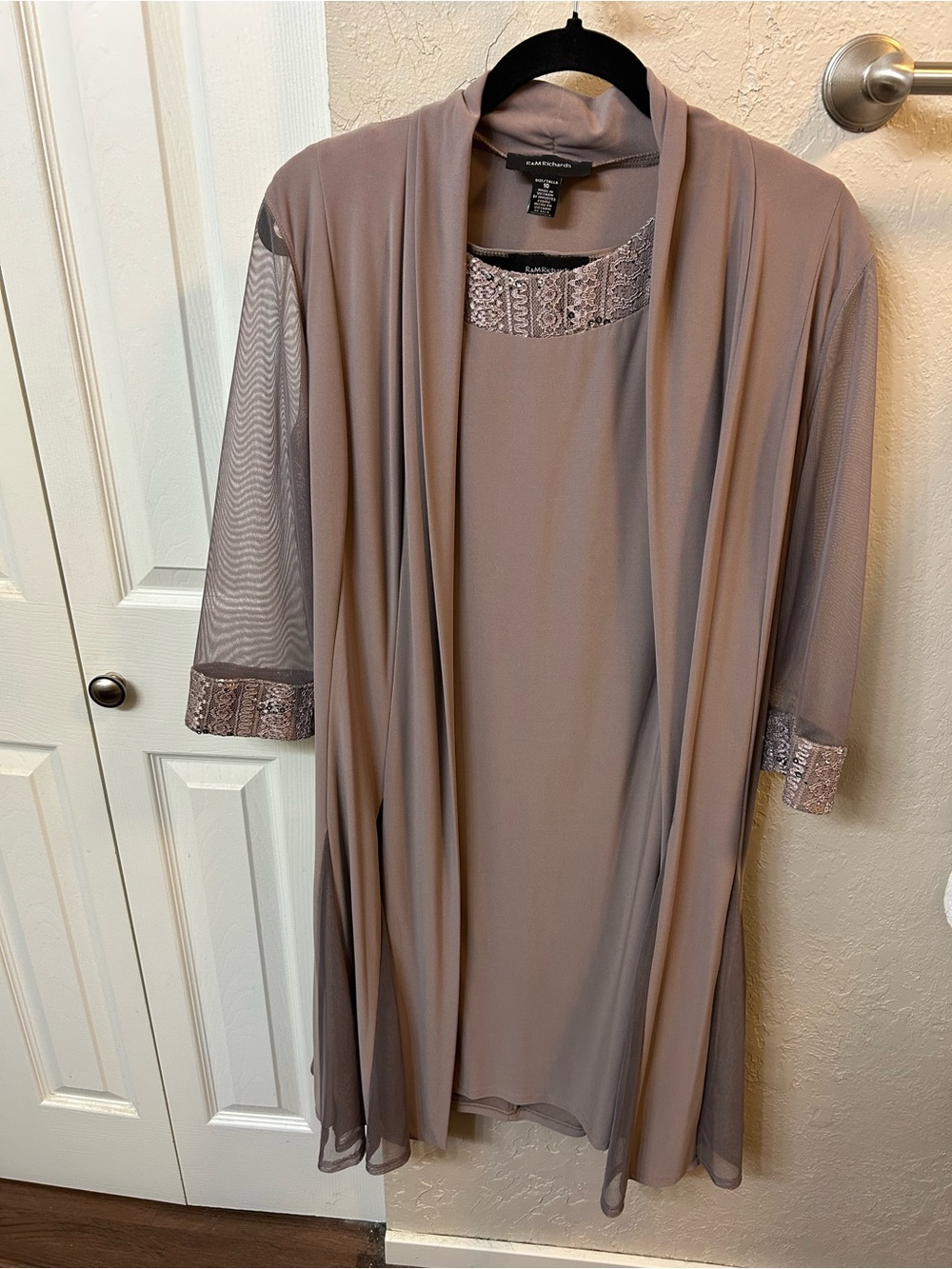 Kasper Taupe Two-Piece Chiffon Overlay Robe and Dress Set